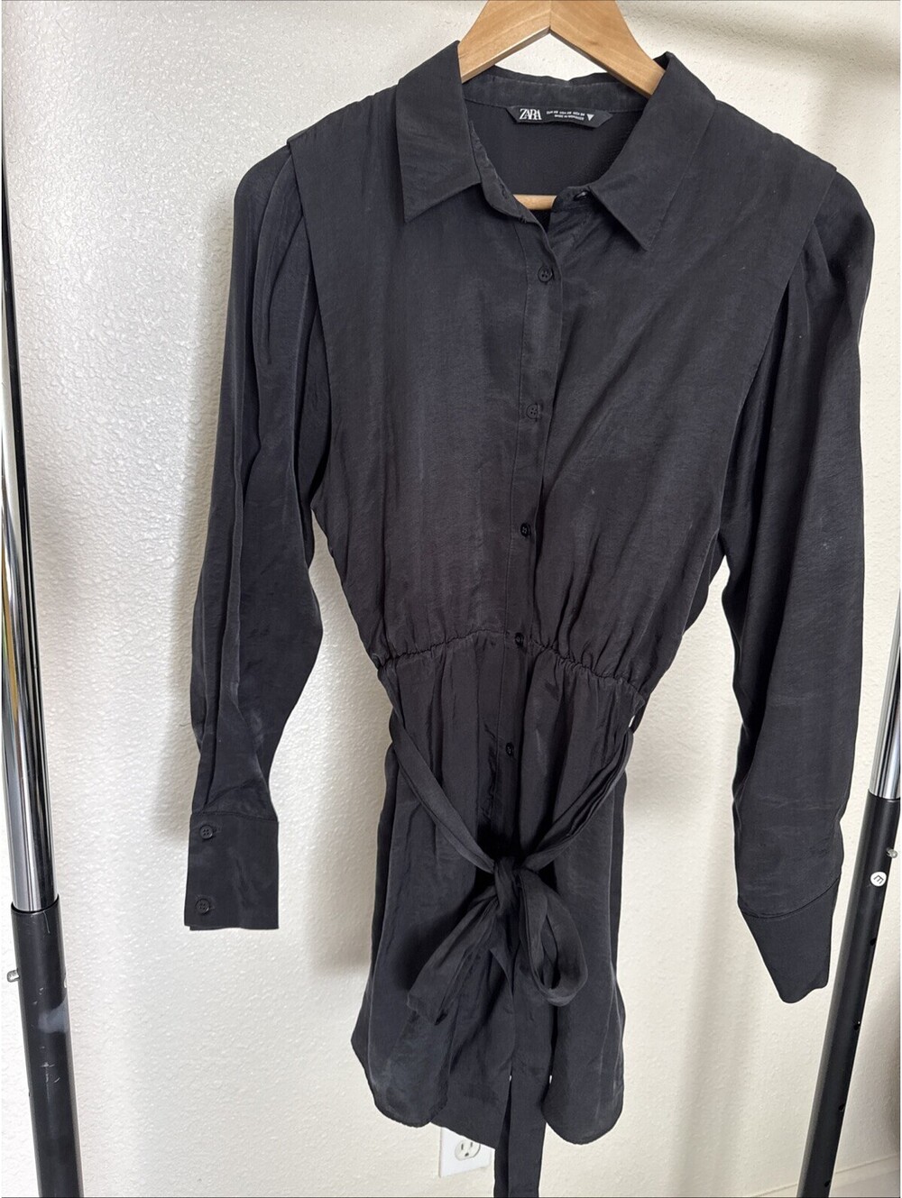 Zara Black Long Sleeve Belted Shirt Dress Size XS